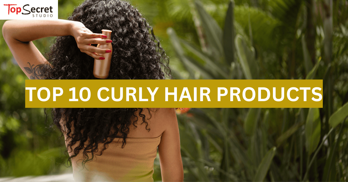 woman with curly hair holding a shampoo bottle
