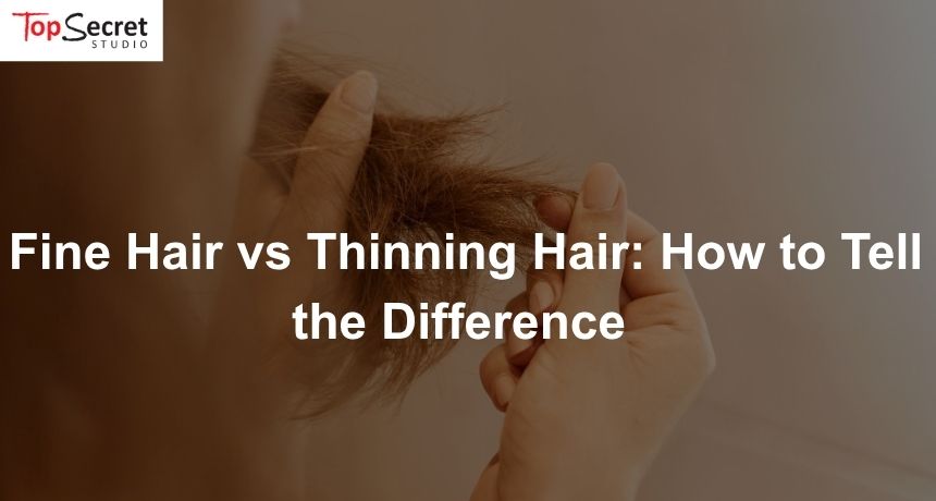 Photo of a person inspecting their hair, representing fine hair vs thinning hair