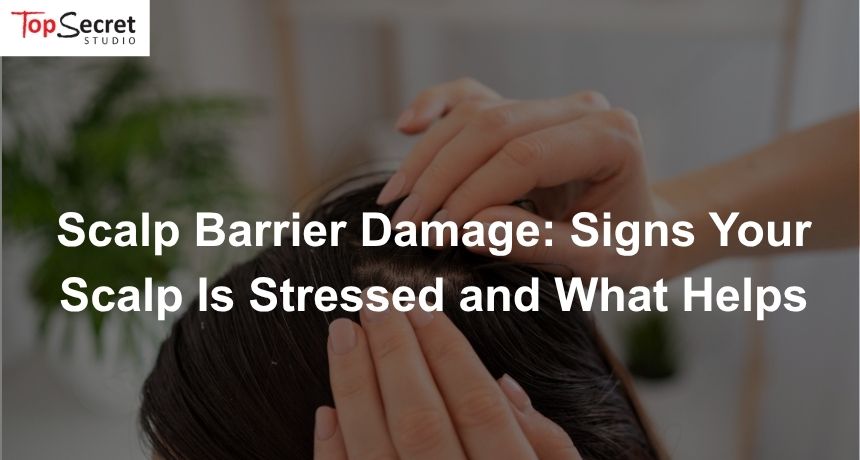 Photo of a person inspecting scalp barrier damage and dandruff