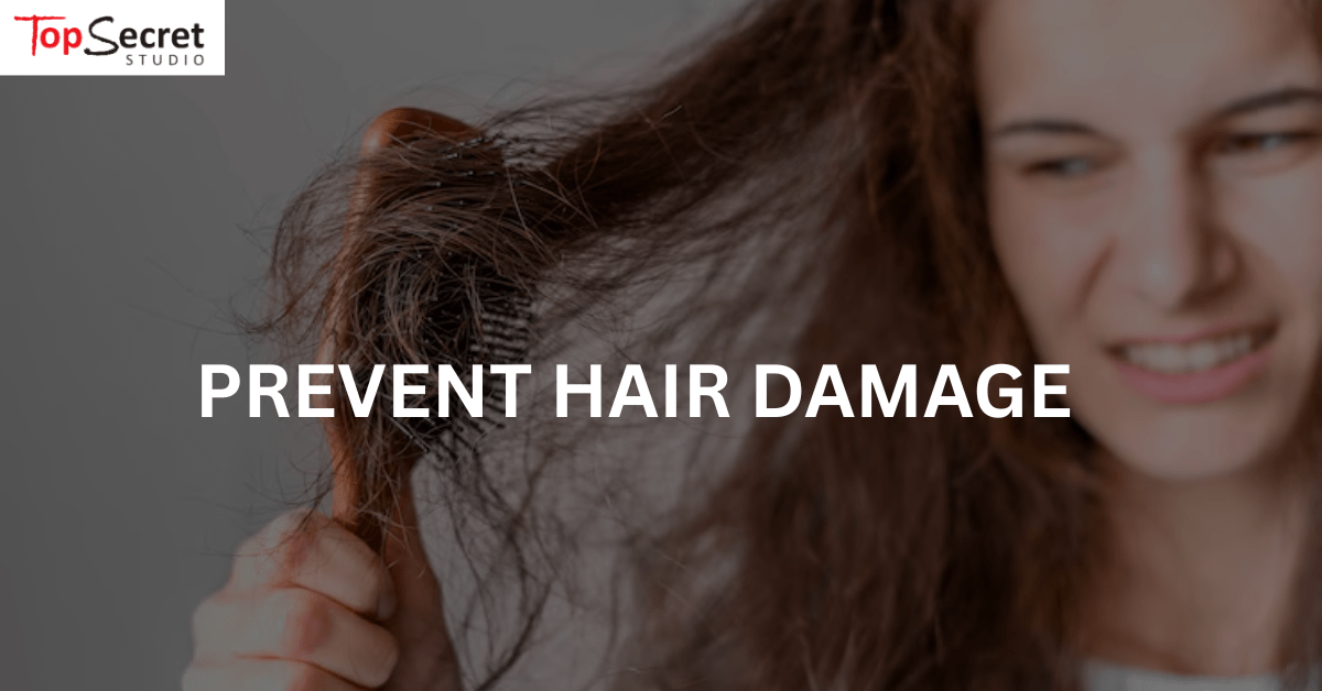 woman combing through her frizzled and damaged hair